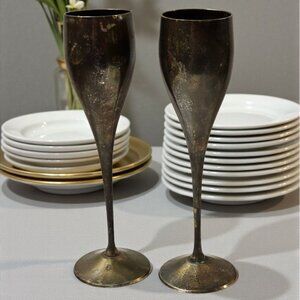 Pair Of Vintage Silver-Plated Goblets Chalice Style Wine Glasses Tarnished Patin